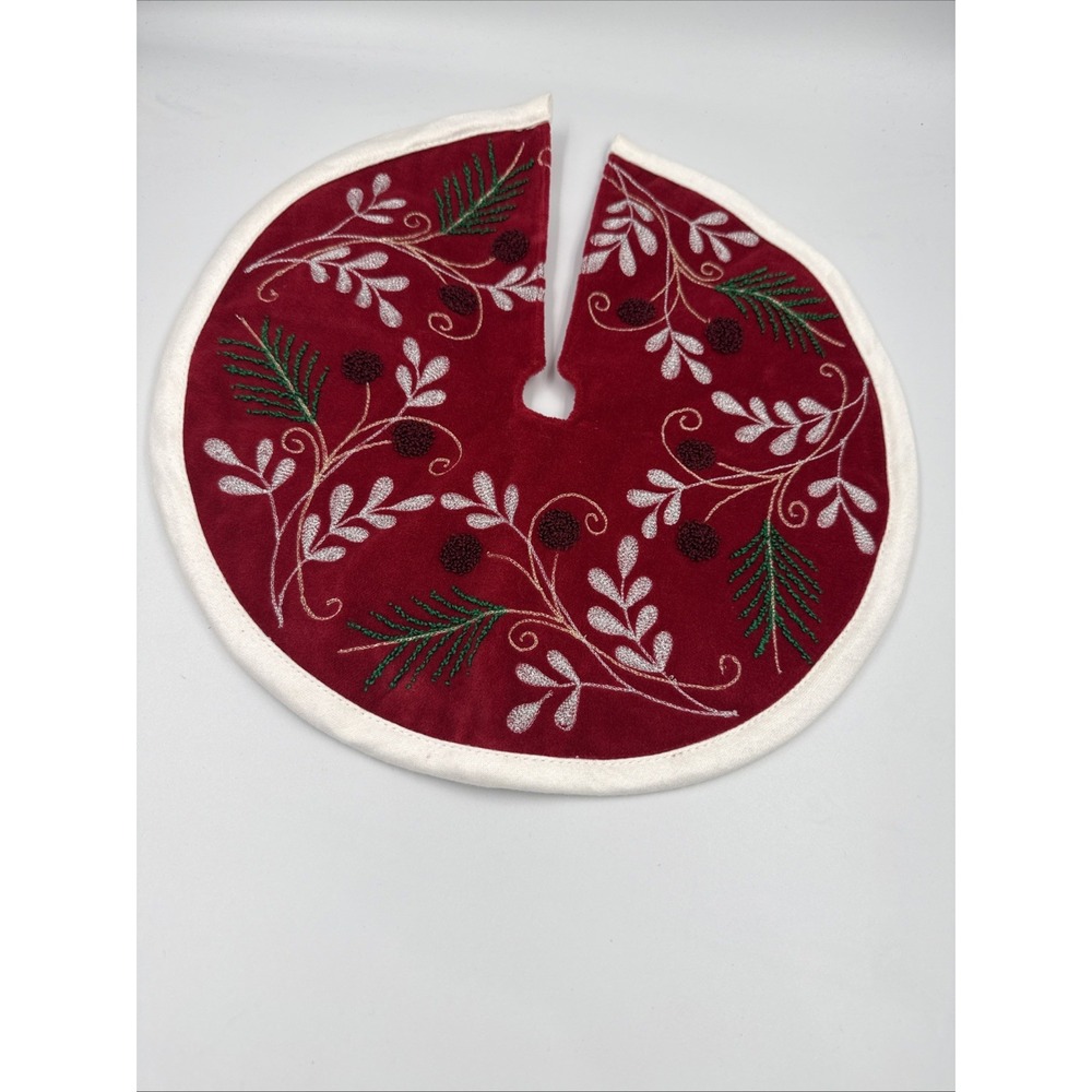Mini Christmas Tree Skirt Red Poinsettia Pine Embroidery Needle Design 12.5"